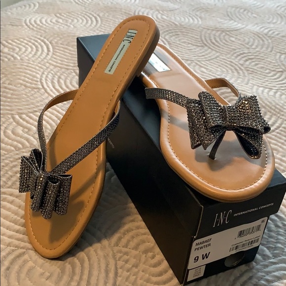 INC International Concepts Shoes - Pewter Rhinestone bow flip flops